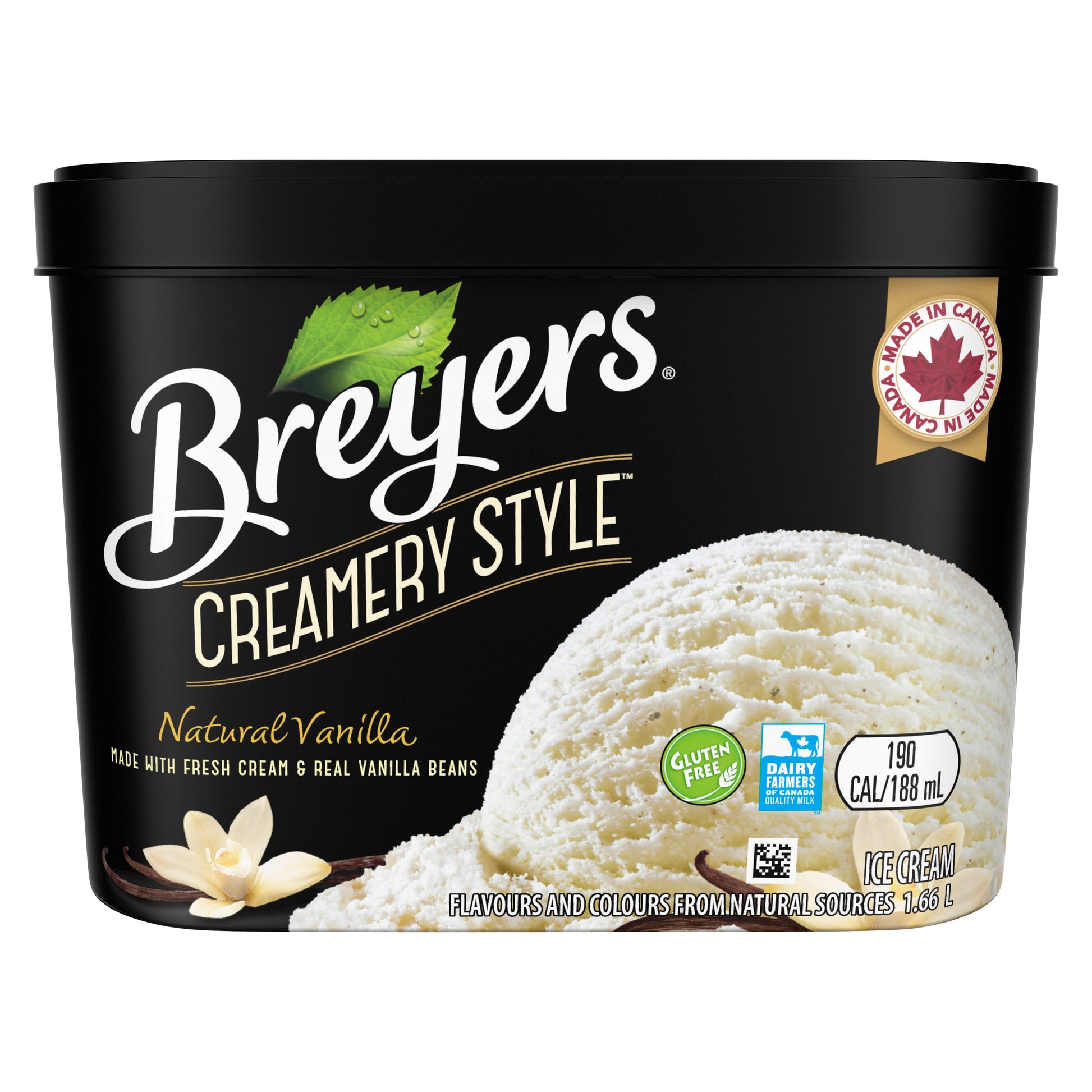 Breyers Creamery Style Natural Vanilla 1.66 L front of pack,Nutritional facts, Ingredient list,Dairy Farmers of Canada Quality Milk logo,Breyers Creamery Style pledge,Crafted in a Canadian Creamery with antibiotic free cream and milk logo,Gluten Free logo, Kosher Dairy Log