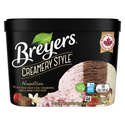 Breyers Creamery Style Neapolitan 1.66 L front of pack,Nutritional facts,Ingredient list,Breyers Creamery Style pledge,Dairy Farmers of Canada Quality Milk logo,Kosher Dairy Logo,Crafted in a Canadian Creamery with antibiotic free cream and milk logo