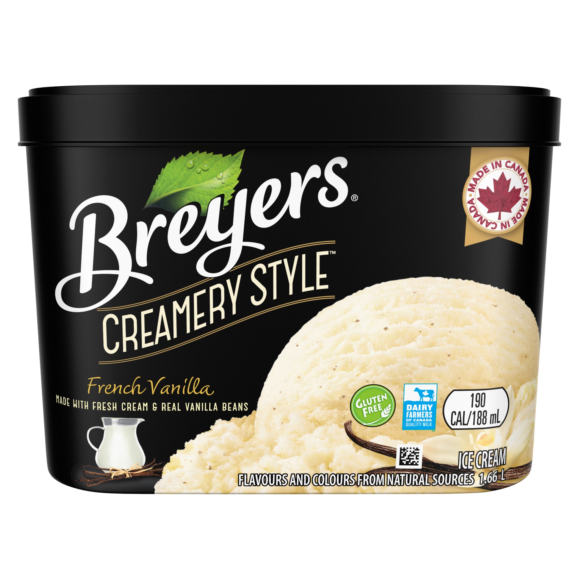 Breyers Creamery Style French Vanilla 1.66 L front of pack,Dairy Farmers of Canada Quality Milk logo,Breyers Creamery Style pledge,Crafted in a Canadian Creamery with antibiotic free cream and milk logo,Breyers Creamery Style French Vanilla 1.66 L ingredient list,Breyers Creamery Style French Vanilla 1.66 L nutritional panel,Kosher Dairy logo 