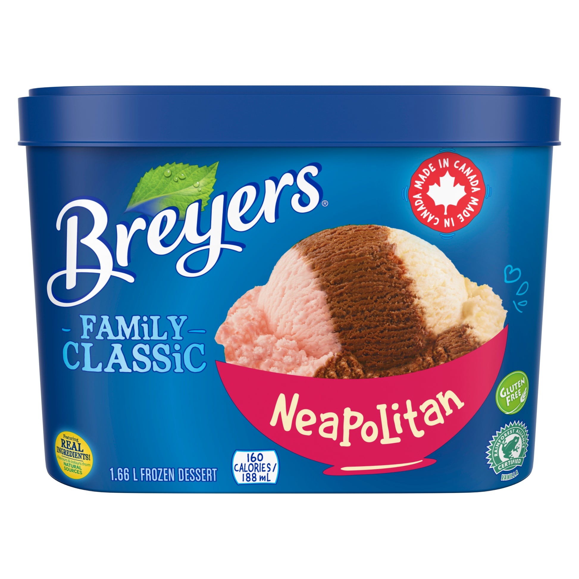 Breyers Classic Neopolitan 1.66 L front of pack,Kosher Dairy Logo,French and English Gluten Free logos