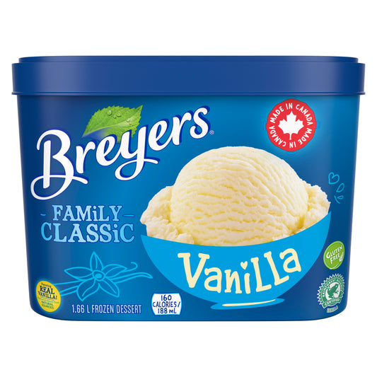 Breyers Classic Vanilla 1.66 L front of pack,Kosher Dairy Logo,French and English Gluten Free logos,Rainforest Alliance certified logo.