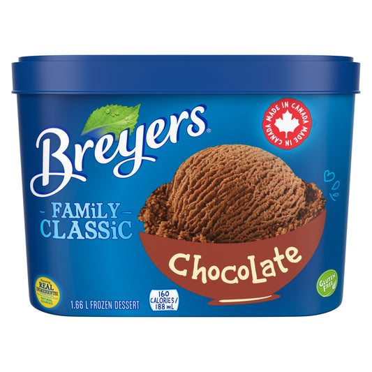 Breyers Classic Chocolate 1.66 L front of pack,French and English Gluten Free logos,Kosher Dairy Logo