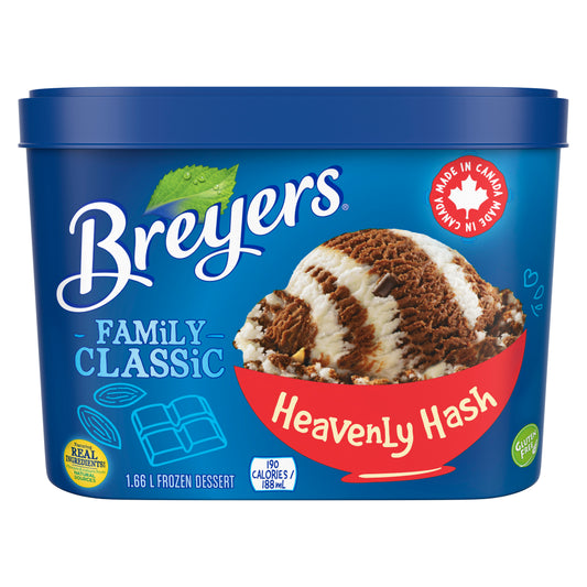 Breyers Classic Heavenly Hash 1.66 L front of pack,French and English Gluten Free logos