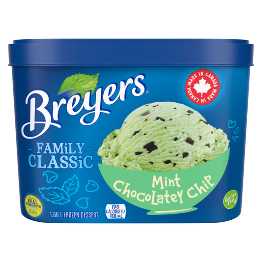Breyers Classic Mint Chocolatey Chip 1.66 L front of pack,French and English Gluten Free logos,Kosher Dairy logo