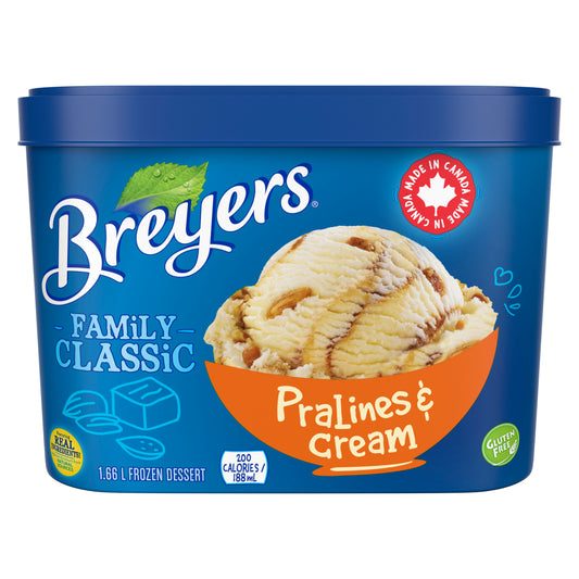 Breyers Classic Pralines & Cream 1.66 L front of pack,French and English Gluten Free logos,Dairy Kosher logo