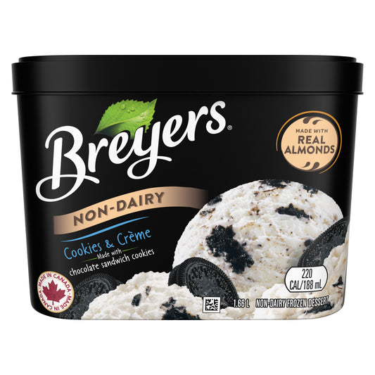 Breyers Non-Dairy Cookies & Crème 1.66 L front of pack,Made with Real Almonds logo,Breyers pledge,Breyers Non-Dairy Cookies & Crème 1.66 L ingredient list,Breyers Non-Dairy Cookies & Crème 1.66 L nutritional panel.
