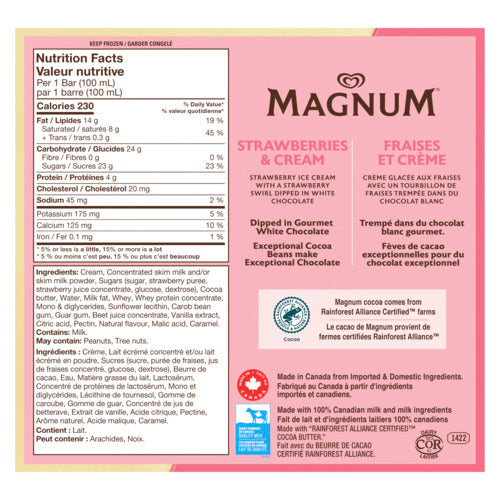 Back side of Magnum Classic Strawberries & Cream Ice Cream Bars product packaging.