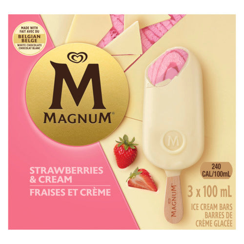 Front side of Magnum Classic Strawberries & Cream Ice Cream Bars product packaging.